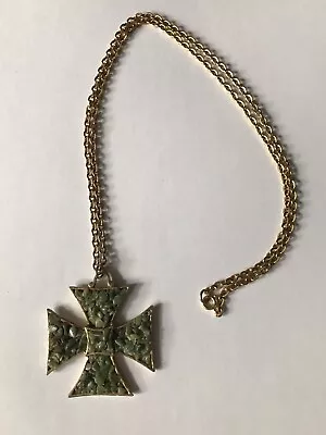 Maltese Cross Design Pendant Necklace.  Green Stones • £8