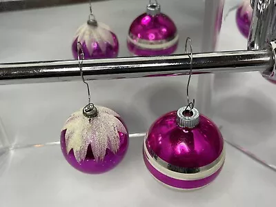 2 Vintage Pink Shiny Brite Striped Glass & Snow Capped Christmas Ornament EB-487 • $12.99