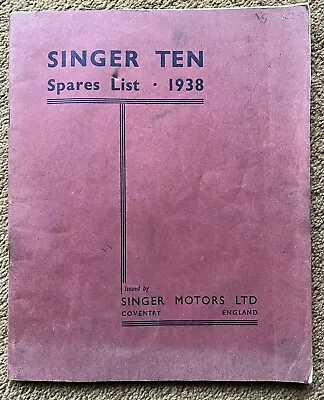 SINGER TEN HRG 10 12  SPARE PARTS Car Handbook Manual VSCC TT BROOKLANDS ULSTER • £30