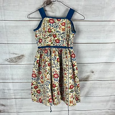 Vintage Floral Girls Sleeveless Frock Dress Jumper Flowers Cream Blue Belted • $15