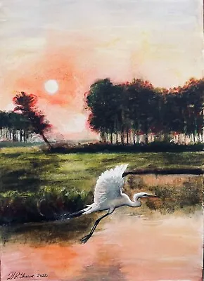  Sunset On The Marsh  - Eastern Shore Watercolor /Ink Painting Varnished • $45