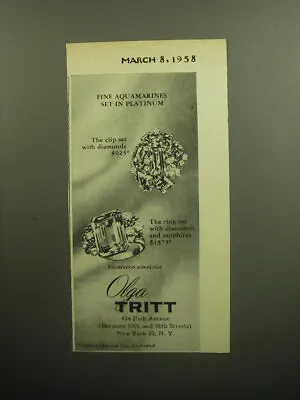 1958 Olga Tritt Jewelry Ad - Fine Aquamarines Set In Platinum • $19.99