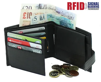 Mens RFID Real Leather Wallet With Zip Pocket Coin Pouch & ID Window 895 Black • £7.99