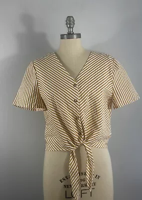 MNG By Mango Women's Size M Tie-Front Button Crop Top Yellow White Stripes • $15
