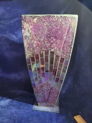 Purple Opalescent Mosaic Crackle Stain Glass Vase 12.75  Tall Nice • $17.20