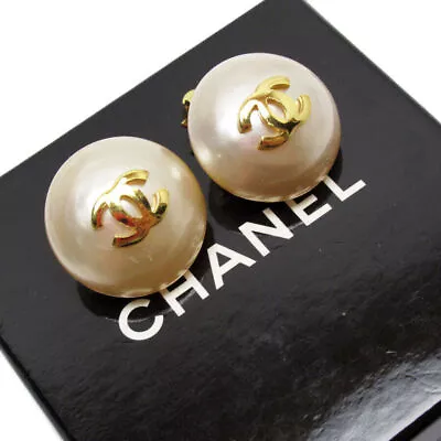 Auth CHANEL  Coco Mark Earrings   Off White/Gold Faux Pearl /metal W0039g • £353.09