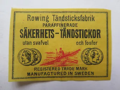 SAKERHETS TANSTICKOR THE ROWER MATCH BOX LABEL C1930s SMALL SIZE MADE In SWEDEN • $4.53