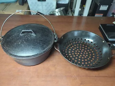 VINTAGE CAST IRON  DUTCH OVEN W/LID & Strainer 10 1/2” 5 QUART 4” DEEP Camping • $48.88