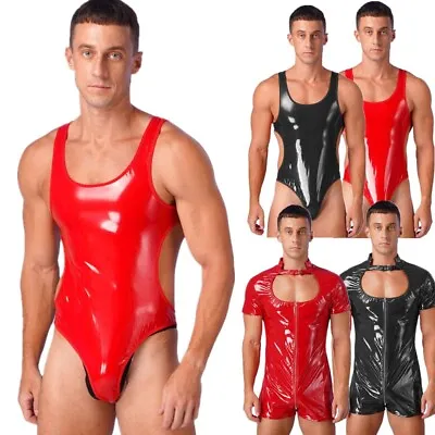 Mens One-Piece Swimsuit Pool Party Swimwear Sleeveless Patent Leather Bodysuit  • $8.99