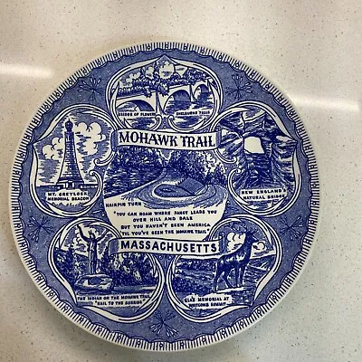 VINTAGE COLLECTIBLE POTTERY SOUVENIR MOHAWK TRAIL PLATE MASSACHUSETTS Blue/White • $32