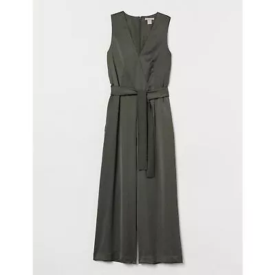 H&M Wide Leg Sleeveless Silky Tie Belt Jumpsuit Olive Green - Size 4 • $30