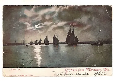 Postcard WI Greetings From Manitowoc Wisconsin Sail Boats A Big Tug Tow • $6.90