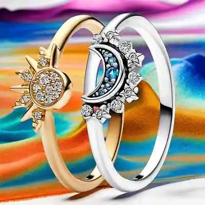 Sparkling Moon Sun Ring For Women Stackable Finger Ring Fashion Silver 925 Rin • $6.10