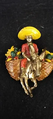 Vintage HOLLYWOOD Gold Tone Brooch Of Man In Yellow Hat On Donkey Selling Fruit  • £16.95