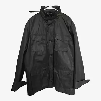 Merona Mens Jacket Button Up Longline Trench Utility Waxy XL Hidden Hood Black • $8.98