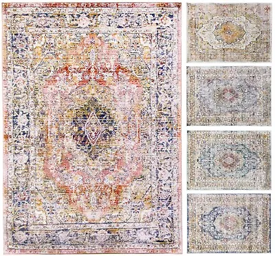 £43.95 • Buy Bohemian Vintage Traditional Rug Distressed Faded Multi Coloured Medallion Mat 