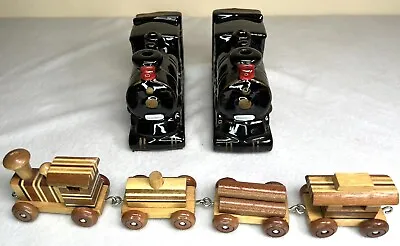 Vintage Redware Train Engine Bookends And Small Wooden Train Japan Mid Century • $19.99
