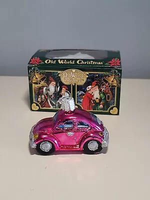 Glass Christmas Tree Ornament Volkswagen Beetle Old World Christmas Glitter Pink • $34.99