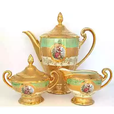 Victoria Czechoslovakia 24K Gold Encrusted Hand Painted 'Portrait' TEA SET • $159.95