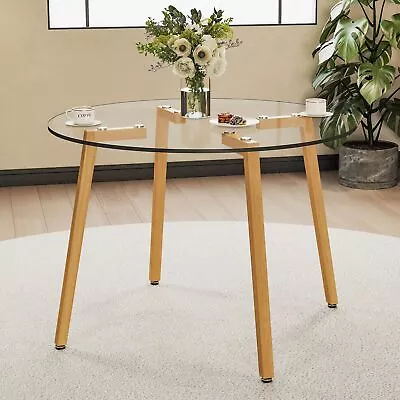 Modern Minimalist  Wooden Metal Leg Circular Tempered Dining Table Glass Top • $180.55