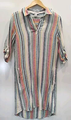 Marisa Olivia Cover Up Dress Small Linen Mix Teal Stripe V Neck Beach Boho • $24.99