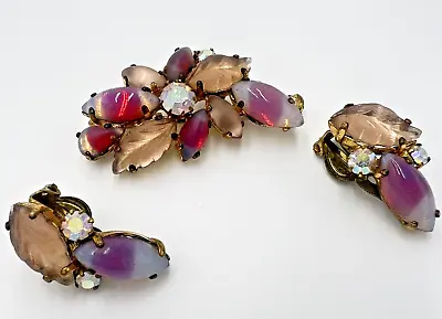 ANTQ Brooch Pin Earrings Demi Parure Clip On Pink Purple Rhinestone West Germany • $54.62