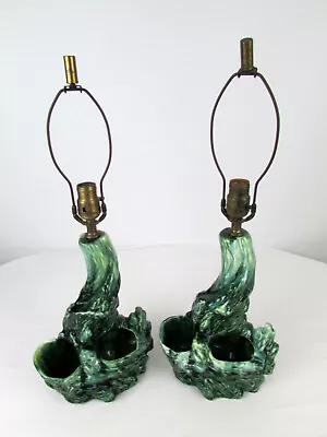 Pair Of Vintage Green Tree Trunk Abstract Ceramic Pottery Planter Table Lamps • $60