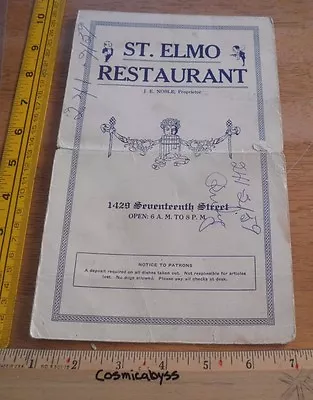 1911 Denver Colorado St. Elmo Restaurant VINTAGE Dinner Menu JE Noble • $75