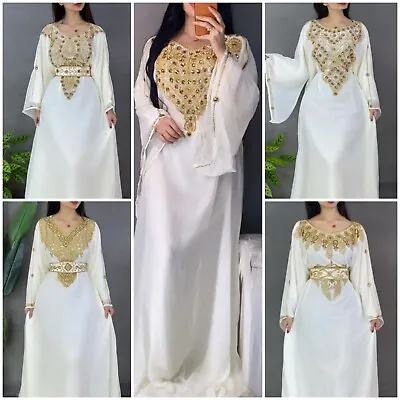 SALE White Moroccan Dubai Kaftan Farasha Abaya Dress Very Fancy Long Gown 432 • $56.69