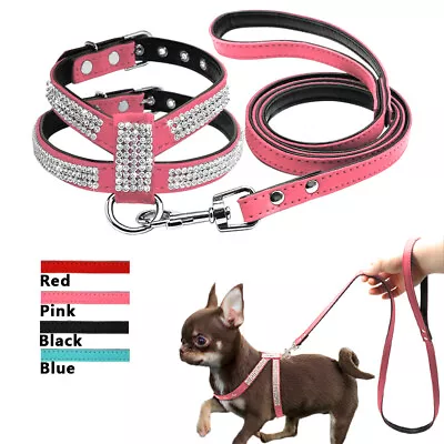 £7.09 • Buy Suede Leather Bling Rhinestone Dog Harness Vest Leads Leash For Small Pet Puppy