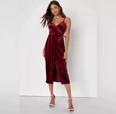 Lulu's NWT Undeniable Allure Burgundy Velvet Wrap Midi Dress - Size Large • $69.50