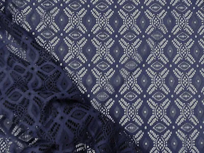 Embroidered Stretch Lace Apparel Fabric Sheer Midnight Navy Geometric EE306 • $2.99