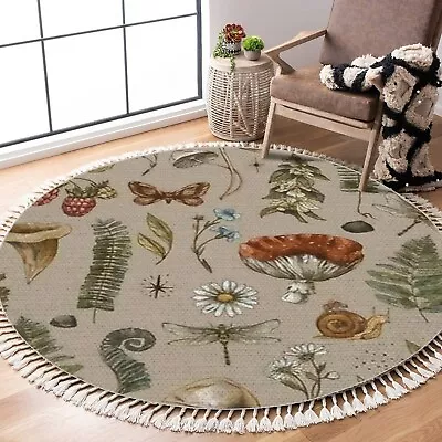 Round Area Rugs Vintage Woodland Nature Seamless Mushroom Fern Forest Plants ... • $84.64