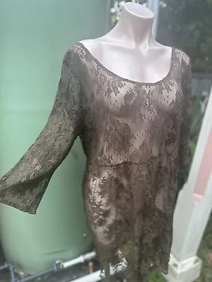 Brown Lace 14 Vintage Short Boho Grunge  Dress By Vicky Vale • $12.99