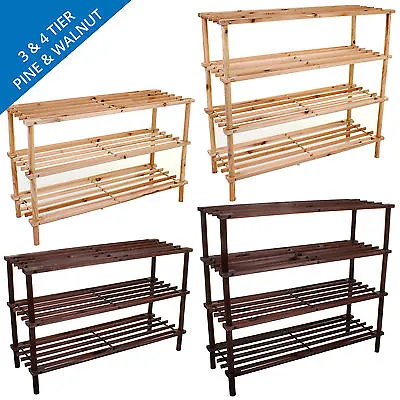£12.99 • Buy 3 4 Tier Wooden Shoe Rack Slatted Storage Stand Unit Organiser Pine Walnut Shelf