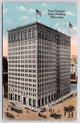 Milwaukee Wisconsin~First Nat'l Bank Bldg~Cable Car~c1900s Autos~Vtg Postcard • $3.20