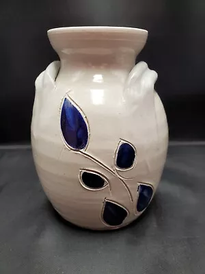 Vtg Williamsburg Salt Glaze Stoneware Pottery Blue Leaf Lug Handled Vase 6  Tall • $18