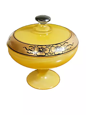 Vintage Covered Glass Compote Candy Dish Yellow & Gold Pansies Decor • $26