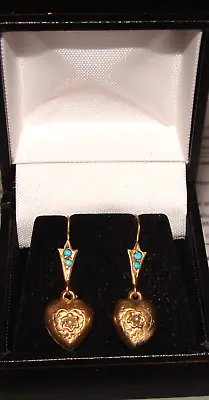 Victorian 9ct Gold Turquoise & Seed Pearl Heart Dangle Drop Mourning? Earrings • £212