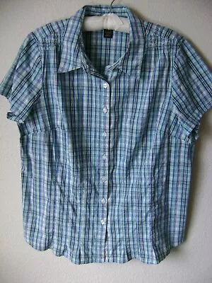 New Venezia Women's Blouse Plus 18/20w ( 1x) Blue Plaid Metallic Button Up Shirt • $13.99
