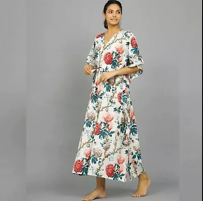 Indian Cotton White Floral Print Kaftan Dress Women's Clothing Kaftan Dress AU • $33.75