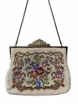 ANTIQUE Vintage 1950s Floral Needlepoint PETIT POINT French Style Purse Handbag • $25