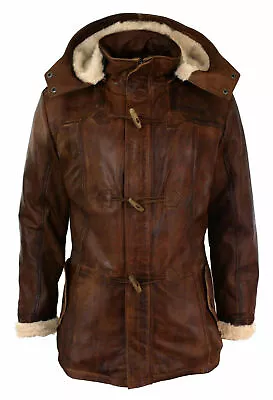 Men's Brown Duffle Over Coat Trench Hooded Long Genuine Sheepskin Leather Jacket • $135.15