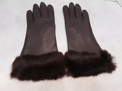 Designer  Ladies Brown Vinyl Gloves Rabbit Fur Trim Acrylic Lining Size 6.5 • $18.99