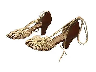 Anthropologie Miss L Fire Size 41 Heels Shoes Tie Up Brown Creme Preowned • $47.99