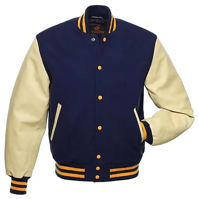 Baseball Varsity  Navy Blue Body And Cream Leather Sleeves Letterman  Jacket • $95.98