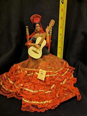 Vtg 60s Spanish Marin Chiclana 11” Flamenco Doll W/ Guitar Sitting On Red Chair • $47.99