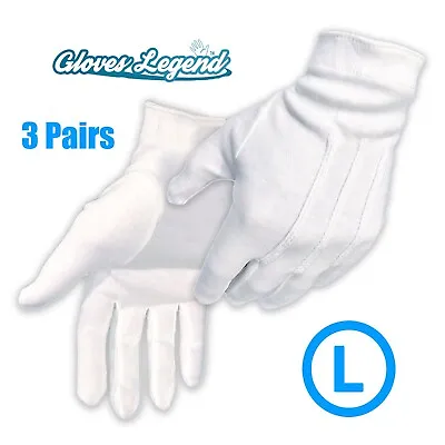 3 Pairs (6 Gloves) 100% White Cotton Marching Parade Formal Dress Gloves -Large • $11.95