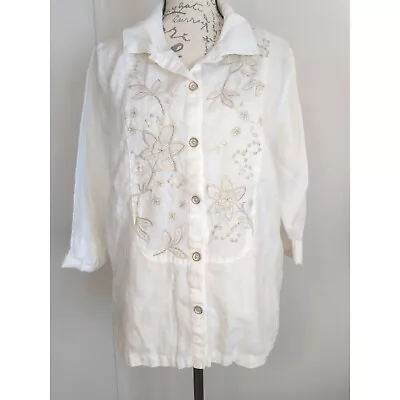 Hot Cotton By Marc Ware Linen Floral White Linen Shirt Size Small • $12