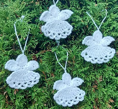 Set Of 4 Angels Handmade Crochet Xmas Tree Decorations White • £4.34